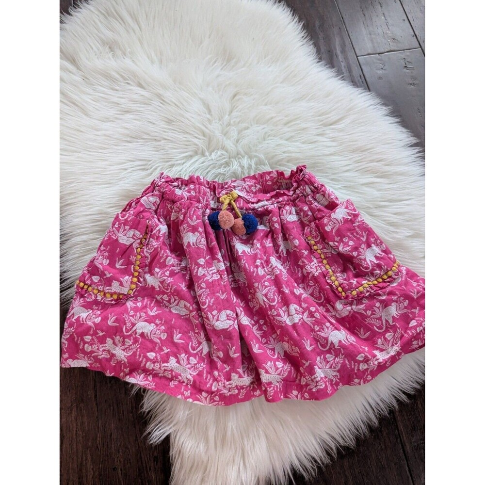 Mini Boden Skirt Girls Jungle Print Pink Floral Pom-Pom Tiered Skirt 7-8y